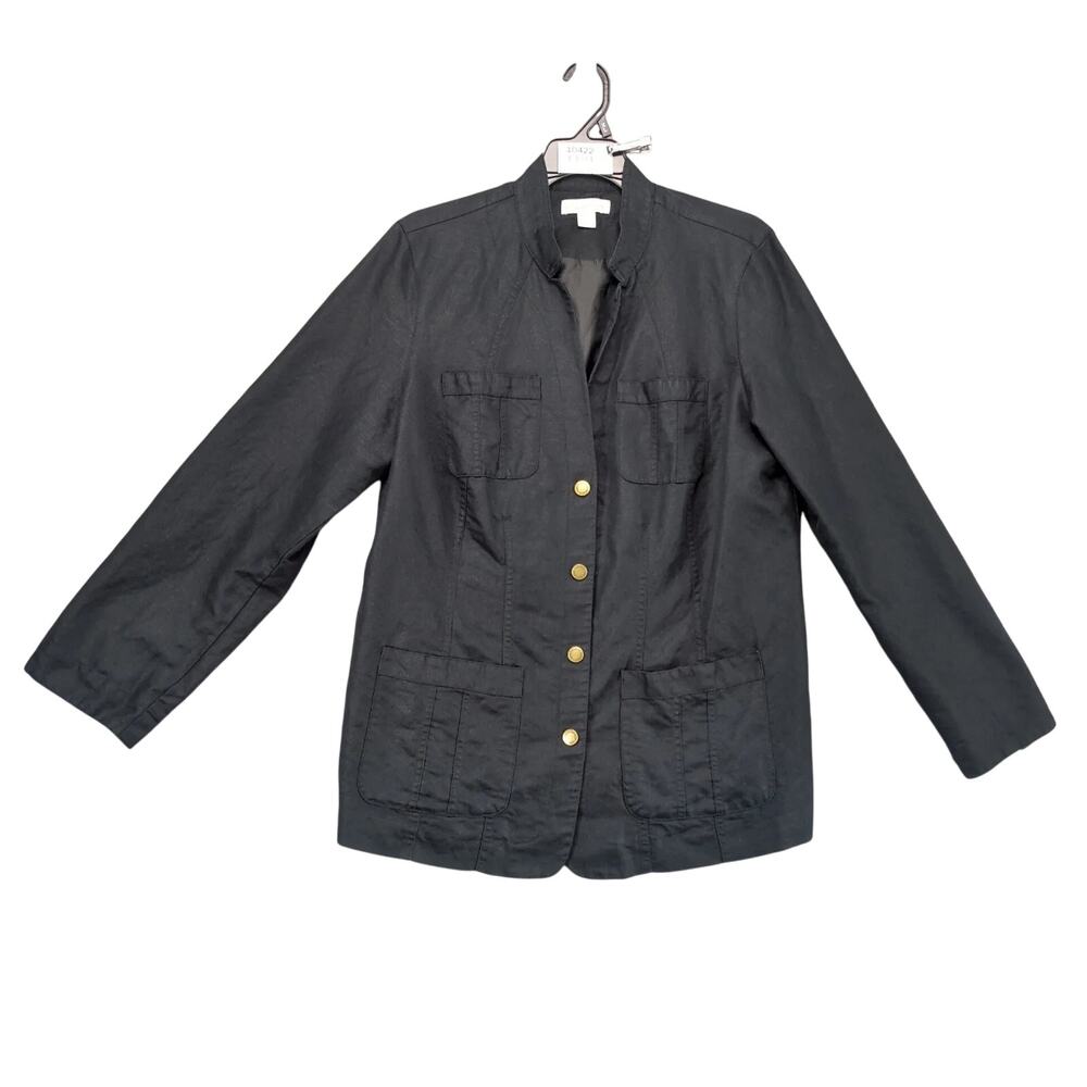 Coldwater Creek Black Linen Cotton Peacoat Jacket Women's 16 Snap Close Roll Tab